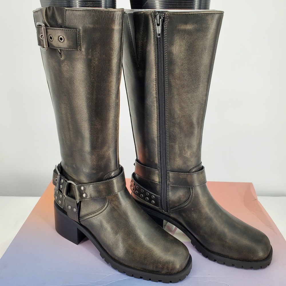 Lisa Vicky Madly Knee High Boot Black Distressed‎ Zip Adjustable Buckle 6.5M New